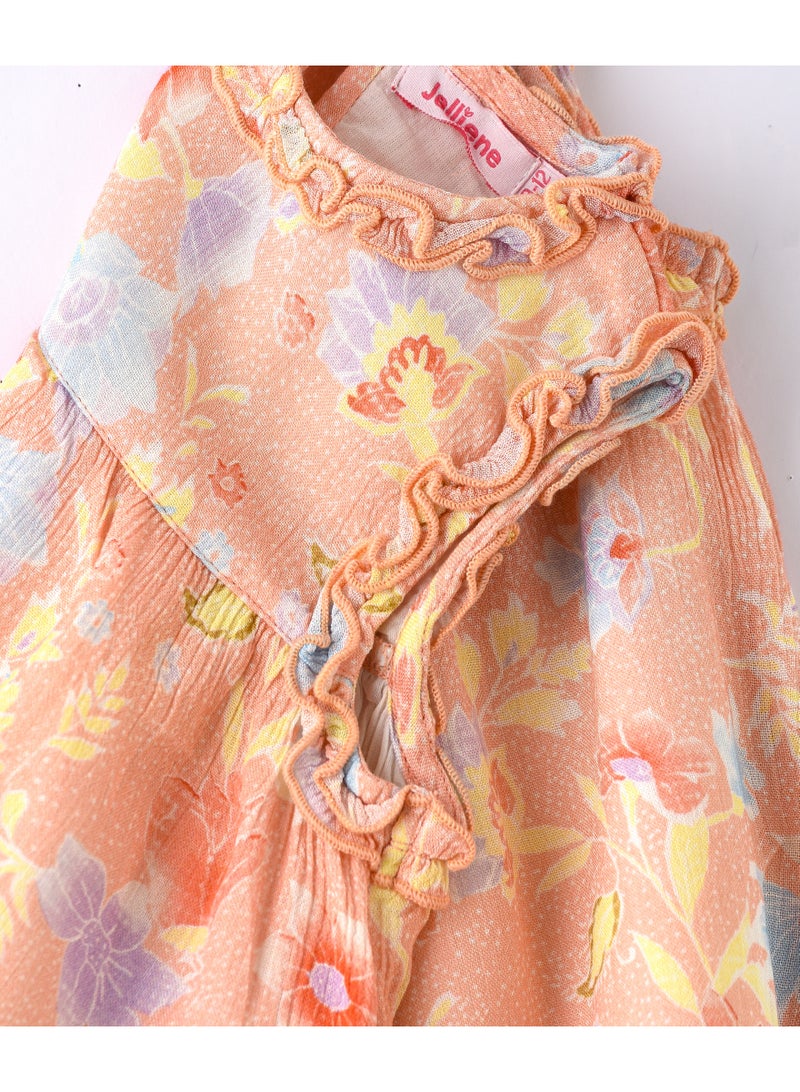 Jelliene Girls Orange Floral Sleeveless Viscose Top - Image 4